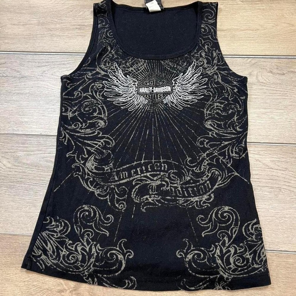 Harley-Davidson Tank Top Womens biker grunge black skull wings
